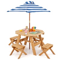 Costway Kids Wooden Table Set Outdoor Picnic Furniture Set w/Removable Umbrella Backyard Garden Natural