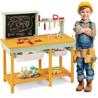 Costway Kids Wooden Workbench Pretend Play Repair Tool Role Play Workshop w/Blackboard Multicolor