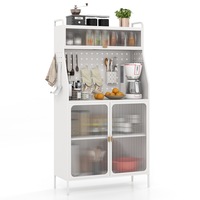 Costway Metal Bakers Rack Kitchen Pantry Cabinet Sideboard Buffet w/Adjustable Shelf, 8 Hooks & 1 Hanging Basket