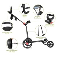 Foldable 3 Wheel Golf Push Cart Golf Buggy Golf Pull Trolley w/Scorecard & Drink Holder & Mesh Bag & Sand Bucket Hook
