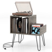 Costway Record Player Stand Turntable Stand w/Power Outlet & Display Shelf End Side Table Grey