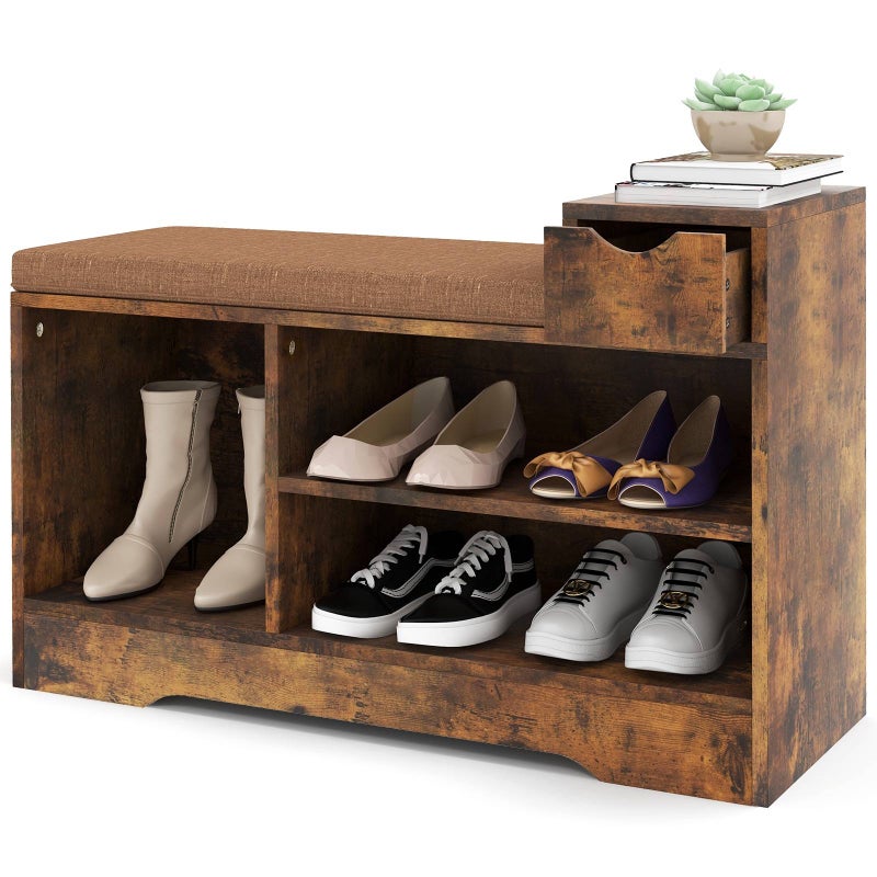Costway Shoe Cabinet Bench 2-Tier Shoe Rack Shoe Organizer Wooden Shoe Shelf Entryway Bench Coffee