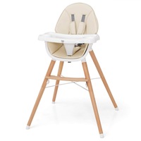 Costway Wood High Chair Adjustable Dining Chair Feeding Seat Kids Furniture w/Double Trays, Beige