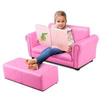 Costway Luxury 2-Person Kids Sofa Couch w/Ottoman Upholstered Children Lounge Armchair Nursery Bedroom  Gift Pink