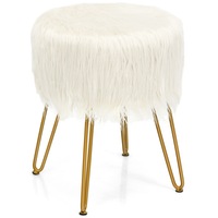 Costway Luxury Faux Fur Stool Round Footrest Fluffy Ottoman Accent Dressing Table Chair Metal Legs Living Bedroom White