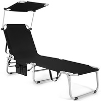 Costway Outdoor Folding Sun Lounger Bed Reclining Beach Deck Chair w/Adjustable Canopy & Storage Pocket  Pool Patio Yard Garden Black