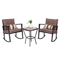 Costway Outdoor Furniture Rattan Rocking Chairs Set Patio Lounge Setting Glass Side Table Cushion Lumbar Pillows Garden Bistro Yard Brown