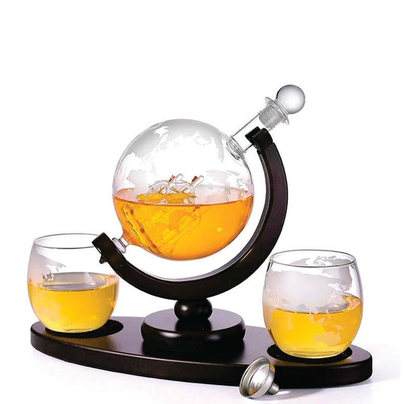 850ml Whiskey or Wine Globe Glass Decanter Set – 2x Glasses + Wooden Stand