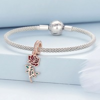 Solid 925 Signature Silver Blooming Rose Charm In Rose Gold