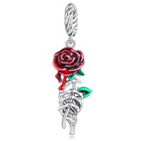 Solid 925 Signature Silver Red Rosy Rose Charm