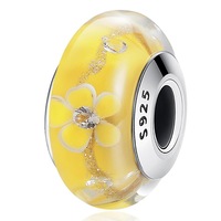 Solid 925 Sterling Silver Yellow Blossom Inclusion Murano Glass Charm