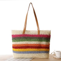 Beach Handbag Woven Handmade Knitted Straw Beach Bag Large Capacity Tote Shoulder Bag,Beige