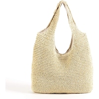 Hand-woven Large Straw Beach Bag Shoulder Bag Boho Straw Beach Bag Handle Tote Retro Summer Beach Bag,Beige