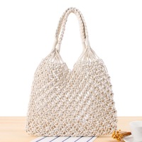 Handmade Straw Beach Bag Travel Beach Fishing Net Handbag Shopping Woven Shoulder Bag for Women,Beige