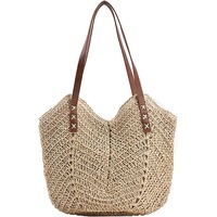 Straw Beach Bag for Women Summer Beach Bag Soft Woven Tote Bag Large Rattan Shoulder Bag for Vacation,Beige