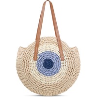Straw Beach Bag Round Summer Large Woven Beach Bag Purse Handle Shoulder Bag for Women Vacation Tote Handbags,Beige