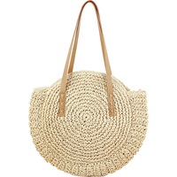 Straw Beach Bag Handbags Women Handwoven Round Corn Straw Beach Bag Bags Natural Chic Hand Large Summer Beach Tote Woven Handle Shoulder Bag,Beige