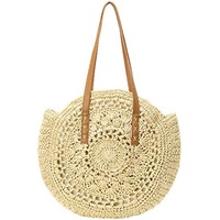 Straw Beach Bag Handbags Women Handwoven Round Corn Straw Beach Bag Bags Natural Chic Hand Large Summer Beach Tote Woven Handle Shoulder Bag,Beige