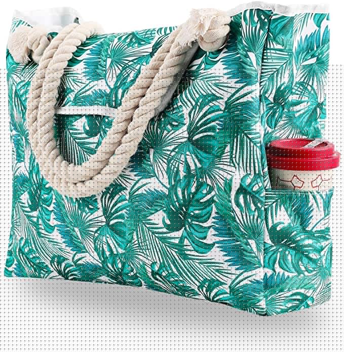 Green Palm Leaf Waterproof Canvas Beach Bag Beach Tote for Travel Gym Swim and Beach Holiday