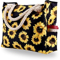 Sunflower Floral Waterproof Canvas Beach Bag Beach Tote for Travel Gym Swim and Beach Holiday