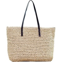Women Straw Beach Bag Woven Tote Large Beach Handmade Weaving Shoulder Bag Purse Straw Beach Bag Handbag,Beige