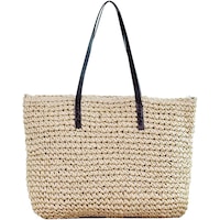 Women Straw Beach Bag Woven Tote Large Beach Handmade Weaving Shoulder Bag Purse Straw Beach Bag Handbag,Beige