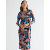 KATIES - Womens - Dress - Winter - Shift - Pink Elastane - 3/4 Sleeve - Crew Neck - Mesh - Aztec - Stretch Elastane - Office Wear - Work Clothes