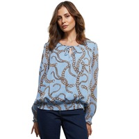 LIZ JORDAN - Womens Summer Tops - Blue Basic - Office Fashion - Work Clothes - Long Sleeve - Chain - Everyday Style - Smart Outfit - Casual Wear