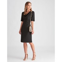 LIZ JORDAN - WOMENS - Dress - Summer - Shift - Black Cotton - Elbow Sleeve - Cowl Neck - Knee Length - Office Wear - Work Clothes - Casual Fashion