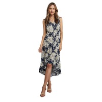 LIZ JORDAN - Womens - Dress - Summer - A Line - Blue - Sleeveless - V Neck - Navy Floral - Hi Low - Office Wear - Work Clothes - Smart Casual Fashion