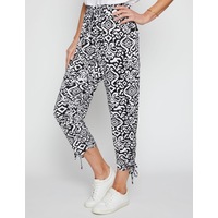 MILLERS - Womens Pants - White Summer Ankle Length - Elastane - Fashion Trousers - Abstract Ikat - Mid Waist - Ruched Tie Hem - Office Work Clothes