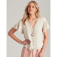 NONI B - Womens Summer Tops - Beige Blouse / Shirt - Linen - Casual Clothes - Stone - Relaxed Fit - Short Sleeve - V Neck - Regular - Office Work Wear