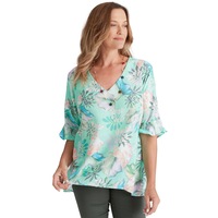 MILLERS - Womens Summer Tops - Green Blouse / Shirt - Floral - Work Clothes - Mint - 3/4 Sleeve - V Neck - Long - Smart Casual Fashion - Office Wear