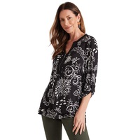 MILLERS - Womens Winter Tops - Black Tshirt / Tee - Elastane - Paisley - Clothes - Mono - Relaxed Fit - 3/4 Sleeve - V Neck - Long - Zip - Work Wear