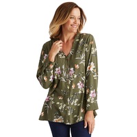 MILLERS - Womens Winter Tops - Green Blouse / Shirt - Floral - Smart Casual - Khaki - Relaxed Fit - 3/4 Sleeve - V Neck - Office Fashion - Work Wear