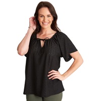 MILLERS - Womens Summer Tops - Black Tshirt / Tee - Elastane - Geometric Casual - Relaxed Fit - Elbow Sleeve - Scoop Neck - Long - Knitwear - Broidery