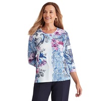MILLERS - Womens All Season Tops - Blue Tshirt / Tee - Elastane - Floral Casual - Paisley - Relaxed Fit - Long Sleeve - Scoop Neck - Fashion Work Wear