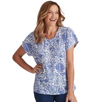 MILLERS - Womens All Season Tops - Blue Tshirt / Tee - Elastane - Casual Clothes - Placement Tile - Relaxed Fit - Short Sleeve Scoop Neck - Work Wear
