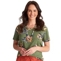 MILLERS - Womens Summer Tops - Green Tshirt / Tee - Cotton - Floral - Clothes - Khaki - Relaxed Fit - Short Sleeve - Crew Neck - Cropped - Work Wear