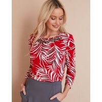 NONI B - Womens Winter Tops - Red Basic - Smart Casual Fashion - Work Clothes - 3/4 Sleeve - Knit - Chain Detail - Everyday Style - Office Outfit