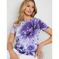 NONI B - Womens Summer Tops - Purple Basic - Floral - Office Wear - Work Clothes - Picasso Lily - Short Sleeve - Knit - Smart Casual - Fashion Outfit