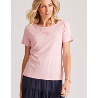 NONI B - Womens All Season Tops - Pink Blouse / Shirt - Cotton - Casual Clothing - Pale - Relaxed Fit - Short Sleeve - Crew Neck - Cropped - Work Wear