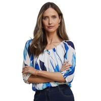 NONI B - Womens Summer Tops - White Basic - Smart Casual Fashion - Work Clothes - 3/4 Sleeve - Tie Neck Mono - Abstract - Everyday Style - Office Wear