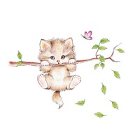 Catzon 2Pcs Cartoon Cat On The Tree Branches Wall Stickers Removable Kitty Wall Art Decoration