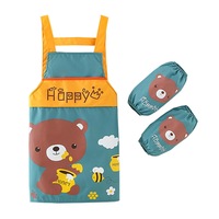Catzon Children Cartoon Waterproof Apron with Sleeve Covers for Painting Cooking-Dark Green Honey Bear