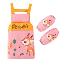 Catzon Children Cartoon Waterproof Apron with Sleeve Covers for Painting Cooking-Pink Deer