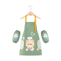 Catzon Kids Adjustable Kitchen Apron with Sleeve Covers for Cooking Painting-Green Bear