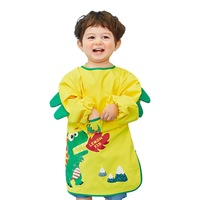 Catzon Kids Art Smocks Long Sleeve Painting Aprons with Pockets-Yellow Dinosaur
