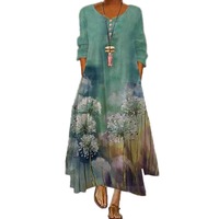 Catzon Womens Long Sleeve Floral Print Dress Loose Long Dresses-10