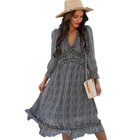 Dresses Boho All Over Print Frill Trim Women's Summer Long Sleeve V Neck Dress